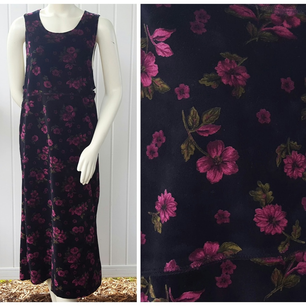 Vintage Dress Floral Velour Maxi 90s Dresses